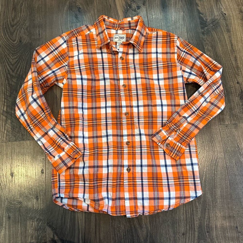 GUC Boy's The Children's Place Plaid Button Up Shirt, Orange Blue, Size: XL 14